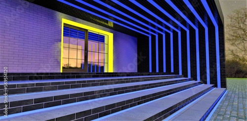 Individual design of the contemporary house porch illumination in blue at night. Yellow flowing entry door frame. 3d rendering.