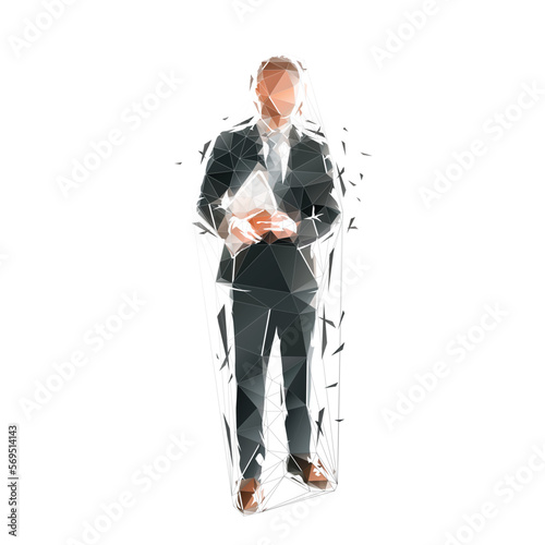 Businessman standing in suit and holding documents, low poly isolated vector illustration, geometric drawing