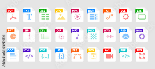 File Type icon set. Popular files format and document. Format and extension of documents. Set of graphic templates audio, video, image, system, archive, code and document file. Vector illustration.