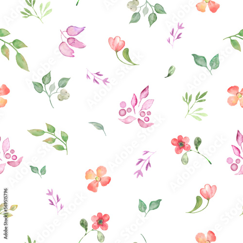 Watercolor floral seamless pattern with painted abstract pink flowers, branches, leaves. Hand drawn spring illustration isolated on white background. For packaging, wrapping design. Vector EPS.