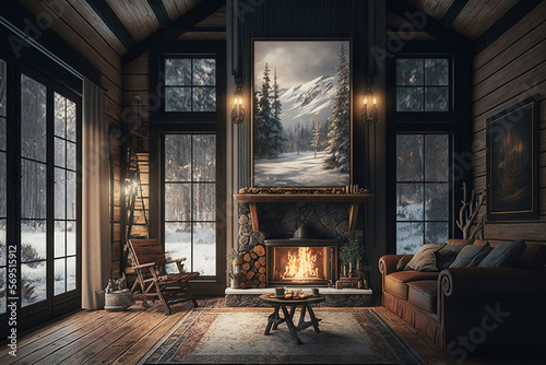 Tableau sur toile Interior view of a rustic wooden house with fireplace and windows with snow forest