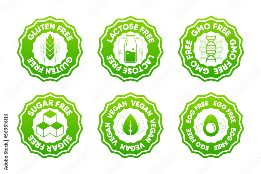 Lactose free, Sugar, Gluten, GMO, Egg and vegan label. The concept of healthy natural organic food. Food packaging decor element. Vector illustration. Lactose free, Sugar, Gluten, GMO, Egg and vegan label. The concept of healthy natural organic food. Food packaging decor element. Vector illustration.