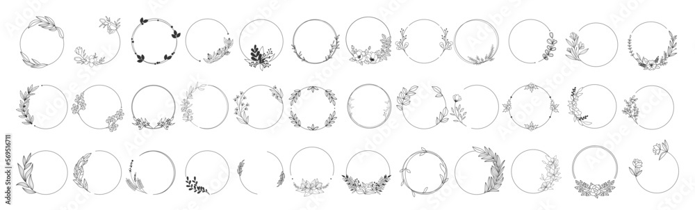 Big set of floral round frames. Vector illustration set
