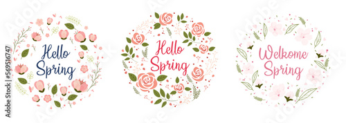 Hello Spring logo, round banner with spring plants, leaves and flowers decoration. Vector illustration © 4zevar