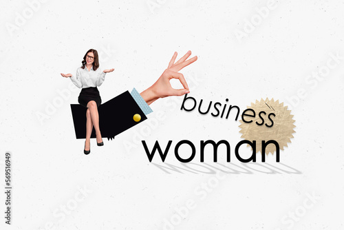 Creative magazine collage billboard of beautiful businesswoman interview success progress break gender stereotype concept