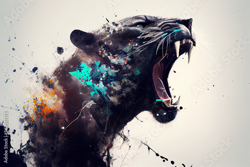 Wild screaming panther double exposure with paint splatters. Dynamic action pose.
Digitally generated AI image photo