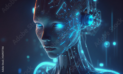 Artificial intelligence virtual woman characters portrait for concept design. Fictional girl robot with artificial intelligence in Blue glow light effect. Generative AI