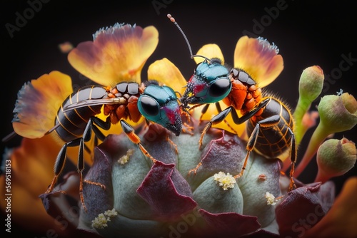 Close up Realistic Ants finding food over colorful flowers, Created with Generative Ai © CYBERUSS