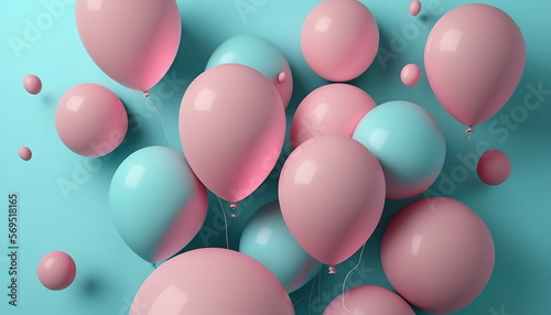 Pink balloons on a pastel blue background 3d render