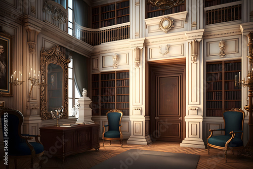 French renaissance palace interior. King and Queen royal study, royal office. Realistic. Large bookcases. 2 story tall bookcases.