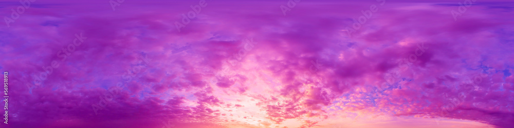 Viva magenta sunset sky panorama with pink Cumulus clouds. Seamless hdr 360 panorama in spherical equal-rectangular format. Full zenith for 3D visualization, game, sky replacement for drone aerial