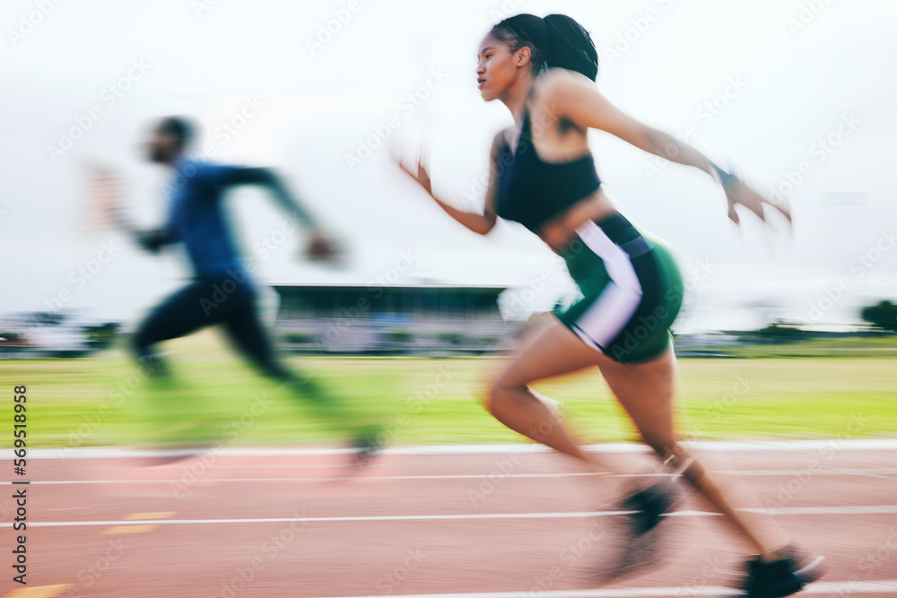 Black woman, running and athletics in sports race for training, cross fit or exercise in blur on stadium track. African American female runner athlete in fitness, sport or speed run for competition