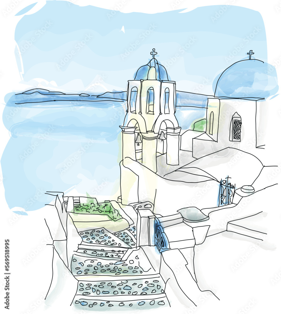 Santorini island, Greece. Traditional and famous white houses and churches with blue domes over the Caldera,