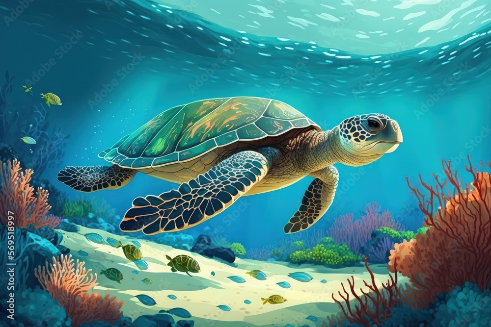 Cute sea turtle swimming in a tropical sea's clear water. picture