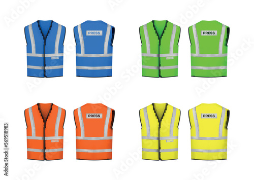 Colored press vests safety reflective uniform with labels set realistic vector illustration