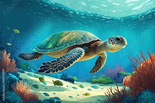 Cute sea turtle swimming in a tropical sea s clear water. picture of a green turtle underwater. Wild marine life in its natural habitat. coral reef species that are in danger. fauna along a tropical c