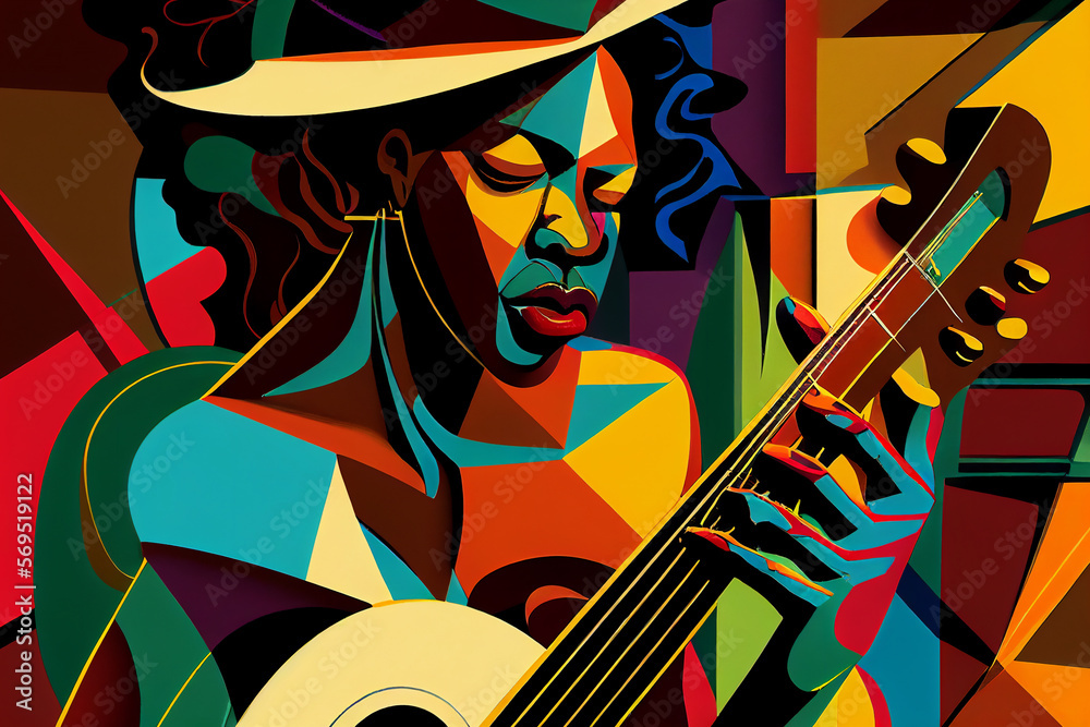 Afro-American female musician guitarist playing an acoustic guitar in an abstract cubist style painting for a poster or flyer, computer Generative AI stock illustration