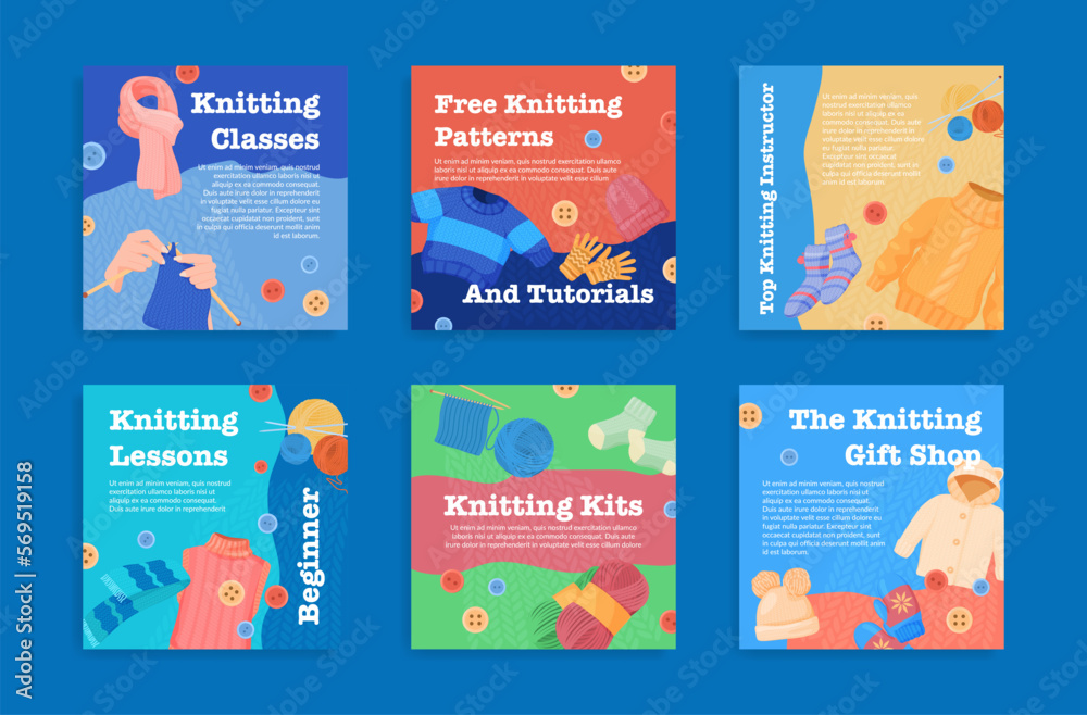 Knitting lessons free patterns and tutorials poster set vector ...