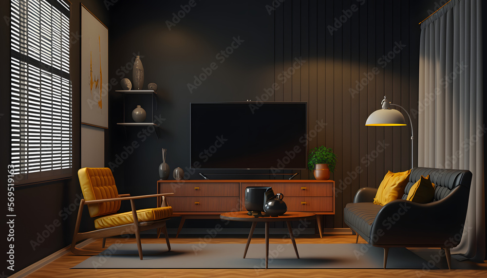 Fototapeta premium Modern black minimalist living room interior with TV set.