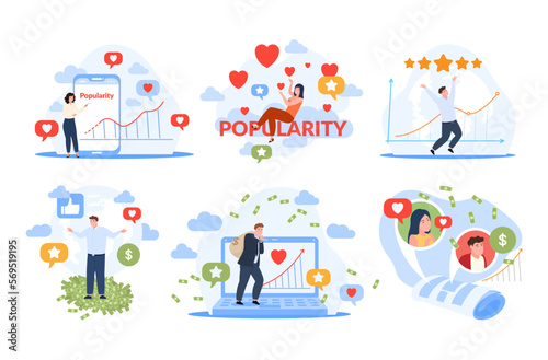 Popular people blogger influencer making money via internet set vector flat illustration