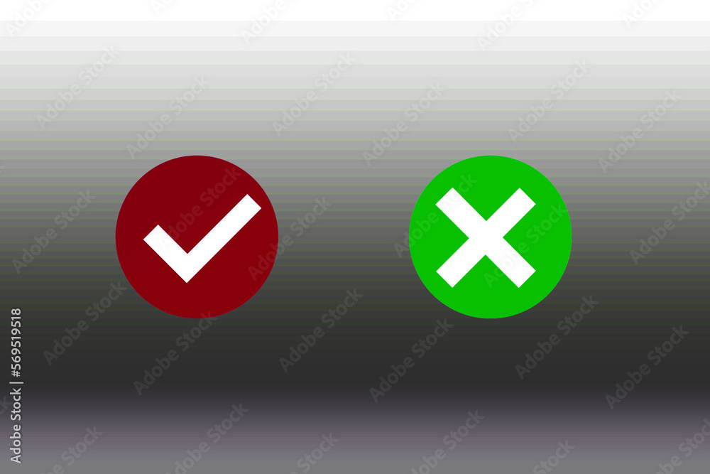 Check mark and cross or x icon in flat style on white background. Check mark and cross or x icon in flat style on white background.
