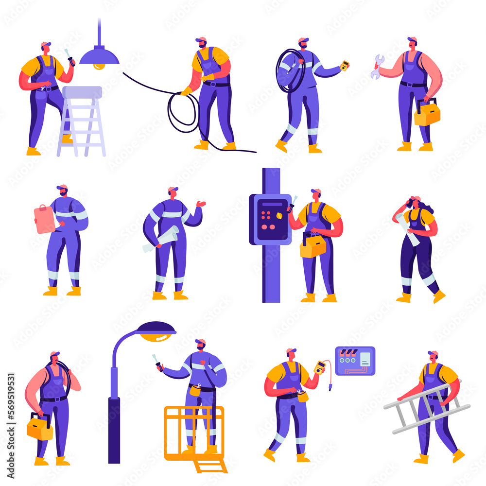 Set of Flat Industry and Smart Home Maintenance Service Workers Characters. Cartoon People Engineer Control Pipe, Solar Panel, Manometer, Technician Engineering. Illustration.