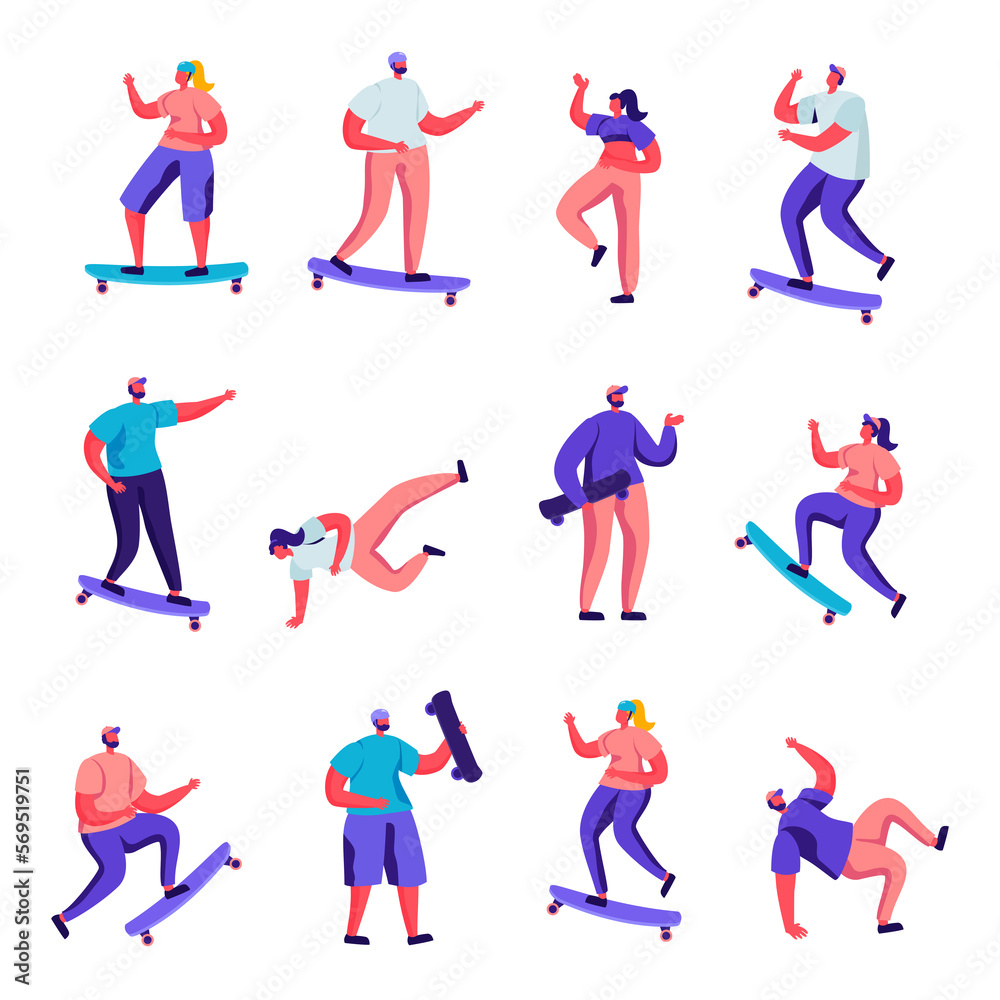 Set of Flat Girls and Boys Skateboarding Characters. Cartoon People Teenagers Male and Female Riding Skate Board, Dancing, Jumping, Youth Urban Culture. Illustration.