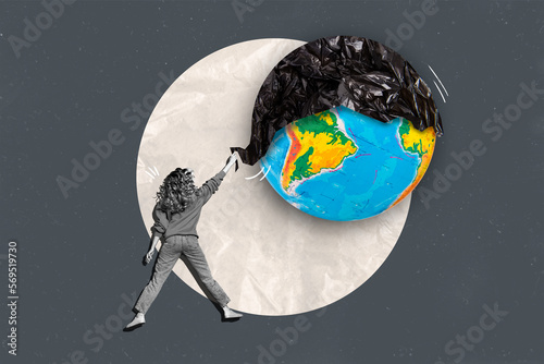 Fototapeta Naklejka Na Ścianę i Meble -  Creative photo collage illustration of black white woman activist care about planet earth ecology isolated on grey color background