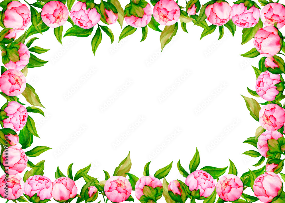 Rectangular frame of pink peonies. Watercolor banner for the design of greeting cards, invitations, congratulations, posters, announcements. Wedding, Valentine's Day, birthday, anniversary design.
