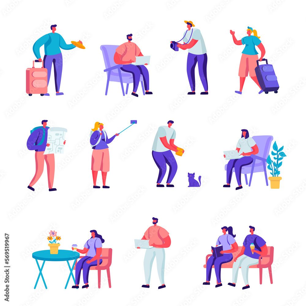 Set of Flat Diverse Young People with Luggage and Maps Traveling Characters. Cartoon People Tourist Characters Staying at Night, Accommodation for Travelers. Illustration.