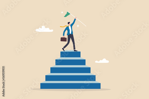 Step to success, staircase to achievement or reach winner target, progress or improvement, career success or business journey concept, successful businessman hold winning flag on top of step stair.