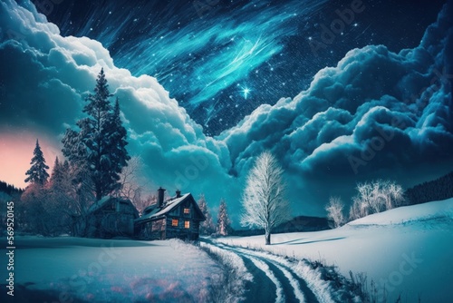 Fantastic winter landscape at night. dramatic clouds in the sky. imaginative collage beauty industry. Generative AI