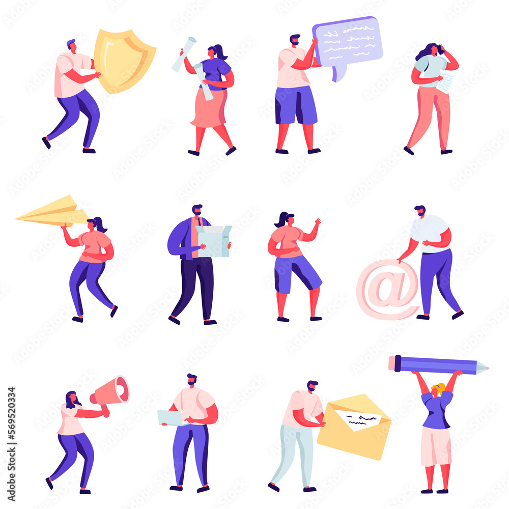 Set of Flat Property, Health Medical, Pr, Social Media Networking Service Characters. Cartoon Holding Shield, Umbrella, Paper Airplane, Photo and Envelope. Illustration.