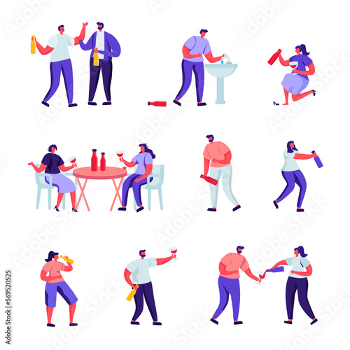 Set of Flat Drinkers and People Playing with Water Guns Characters. Cartoon Alcohol Addiction, Drunk Men and Women Lying on Ground, Puking. Illustration.