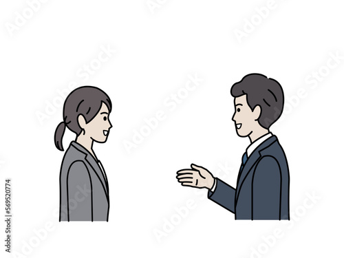 会話をするスーツ姿の男女のイラスト　話し合い　コミュニケーション