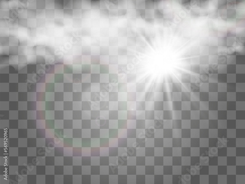   Vector illustration of the sun shining through the clouds. Sunlight. Cloudy vector.