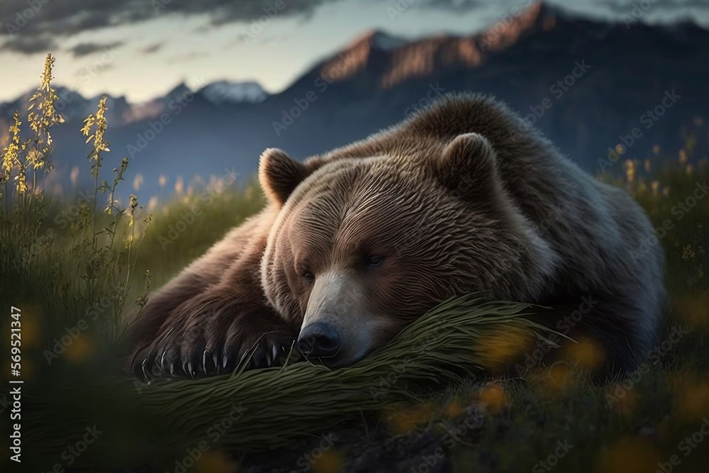Fototapeta premium Bear sleep in nature, generative AI