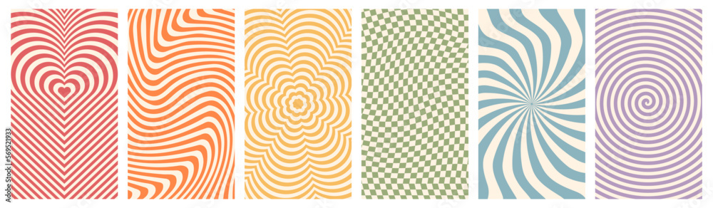 Abstract groovy backgrounds set. Retro design with distorted squares, waves, spirals. Vector swirl patterns for wallpapers, posters or covers.