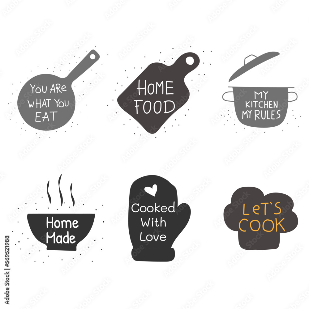 Hand drawn kitchen posters set. Quotes and funny sayings about cooking