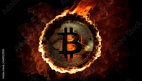 flaming bitcoin on fire, stock market concept, ai generated, desktop background photo