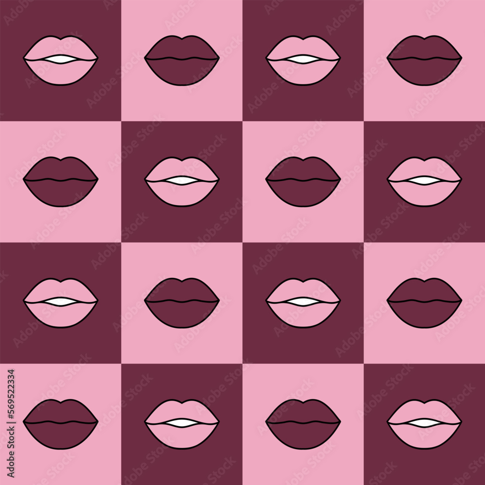 Seamless vector pattern with colored lips. Pink and burgundy elements in the squares. Fashion background for modern original designs, prints, textiles, fabrics, wallpapers, and wrappings.