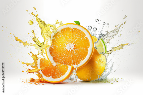 Isolated Orange With Orange Juice Splash, Generative Ai