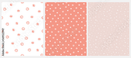 Simple Abstract Floral Seamless Vector Patterns. Hand Drawn Spots and Flowers Isolated on a White, Light Pink and Coral Red Background. Cute Irregular Geometric and Floral Repeatable Print. 
