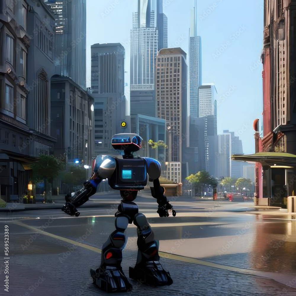 The robot stands on the road in the city. AI generated.