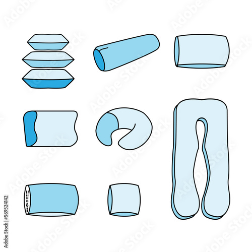 Set of icons of pillows and rollers. Square, rectangular, curly, travel, for pregnant women, with a removable cover. Isolated vector image.