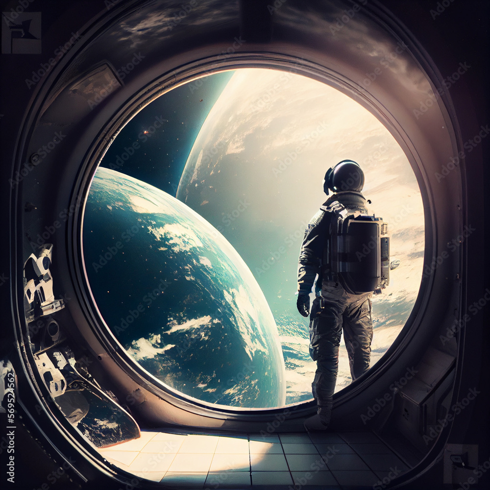 Astronaut from the porthole of the orbital space station looks at the planet Earth Astronaut from the porthole of the orbital space station looks at the planet Earth