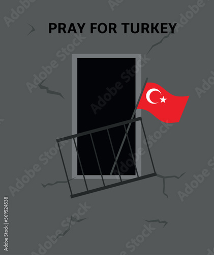 Earthquake epicenter in Turkey. Pray for Turkey. Cracks. Destructive earthquake. Explosion, destroyed balcony, Turkish flag. Natural disaster, earthquake and destruction of houses. Vector illustration