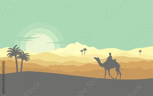 Desert savanna oase with someone rides a camel illustration background  silhouette  palm  sunset editable