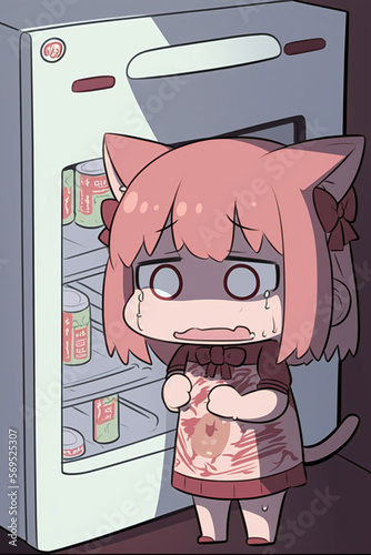 A cute catgirl crying and pointing at an empty fridge cut photo
