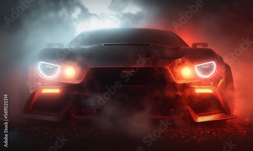 Imagined powerful sport car in the fog and smoke. Stylized front shot. AI generated.